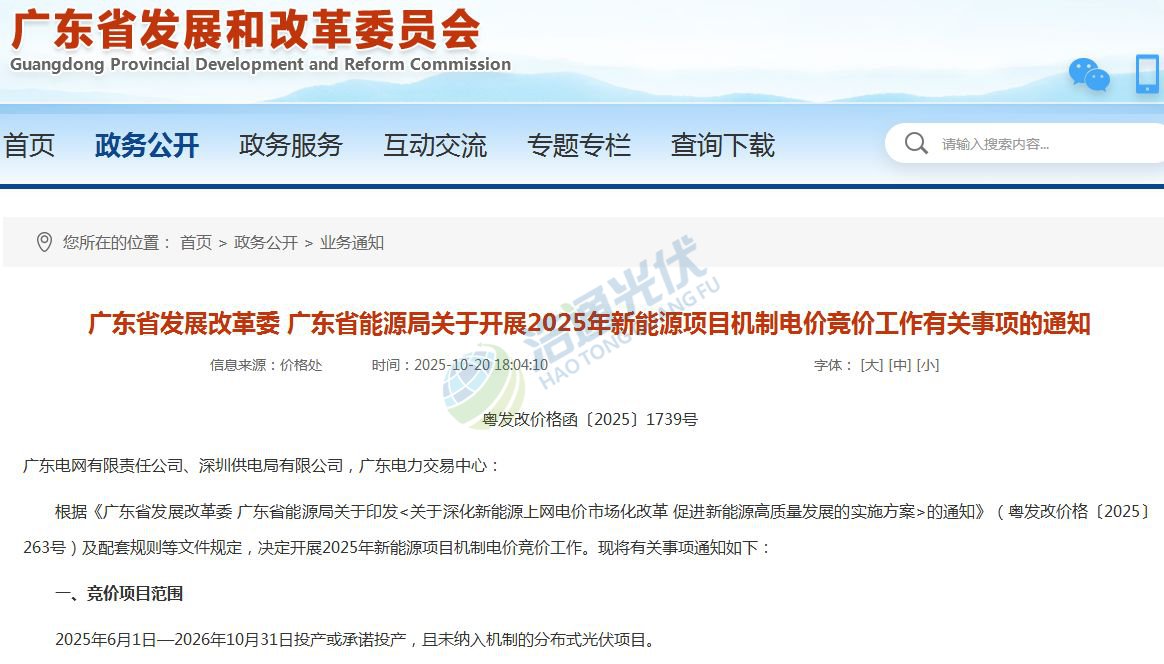 廣東省能源局關(guān)于開展2025年新能源項目機(jī)制電價競價工作有關(guān)事項的通知
